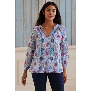 Boden Shirt Women 4 White Floral Popover Tassel Tie Casual Boho Colorful Floral